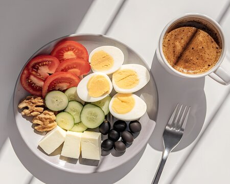 Healthy breakfast plate with eggs vegetables and nuts