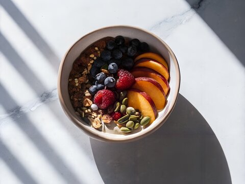 Vibrant breakfast bowl with fresh fruit and granola in bright sunlight