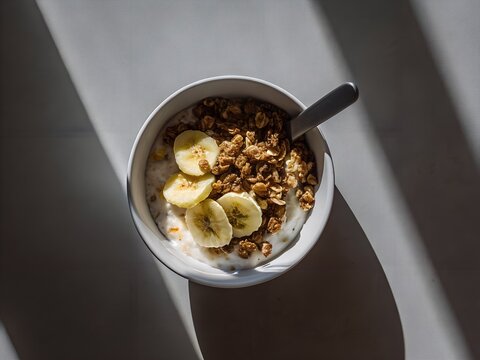 Yogurt granola bowl with banana slices for breakfast