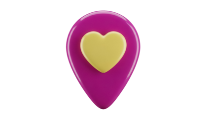 Magenta location pin with yellow heart isolated PNG, map pointer for travel and navigation on transparent background