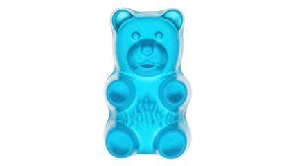 Blue gummy bear isolated PNG, sweet candy treat for kids and adults on transparent background, confectionery dessert