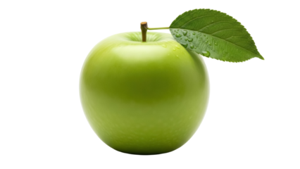Fresh green Granny Smith apple PNG isolated on transparent background, healthy fruit with leaf and water droplets for food design