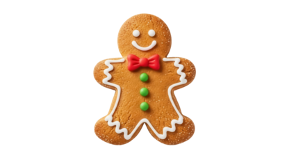 Gingerbread man cookie isolated PNG, festive holiday treat with icing and candy decorations on transparent background