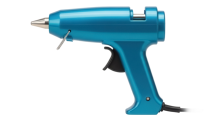 Blue hot melt glue gun isolated PNG on transparent background, crafting tool for DIY projects and home repairs