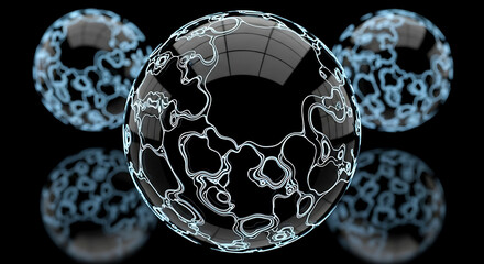 Black spheres with glowing white abstract patterns on black background image