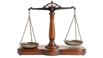 Antique balance scale isolated PNG, vintage justice scales with chains and pans on transparent background, symbol of law and equilibrium