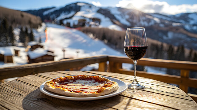 A glass of wine stands next to a delicious pizza on a restaurant table against the backdrop of a ski resort