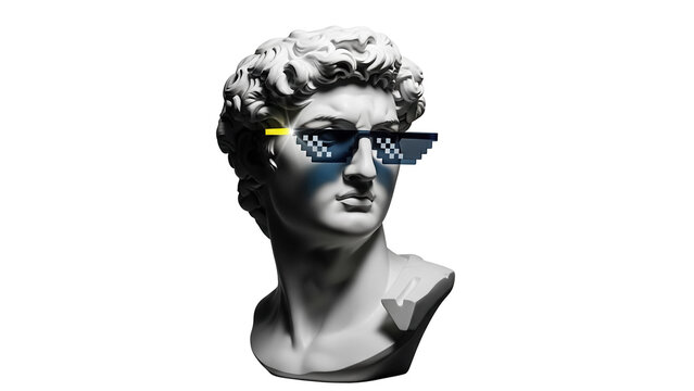 David bust with pixel sunglasses isolated PNG, classical sculpture with thug life glasses on transparent background, meme design element