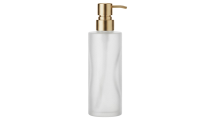 Elegant frosted glass bottle with golden pump isolated PNG, luxurious dispenser for lotion or soap on transparent background