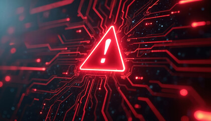 Red warning triangle with exclamation mark glows on futuristic circuit board. Digital danger signal alerts to system error cyber threat. Computer network overload alert concept. Futuristic tech