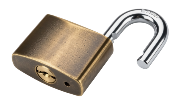 Brass padlock PNG isolated on transparent background, security lock with open shackle for safety and protection - Powered by Adobe