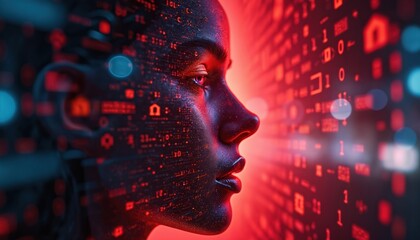 Digital face covered in binary code. Human profile merges with glowing data stream. Cybernetic concept of future tech. Artificial intelligence consciousness theme.