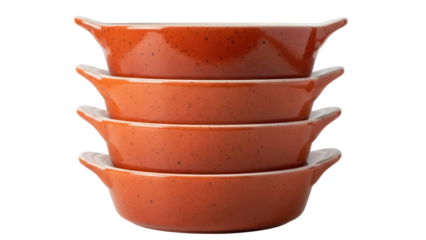 Stack of four orange ceramic baking dishes isolated PNG, oven-safe ramekins for individual desserts and savory dishes on transparent background