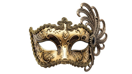 Ornate golden masquerade mask with feather isolated PNG, vintage carnival costume accessory on...