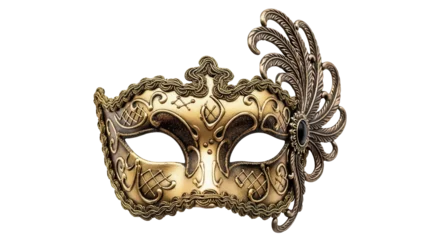 Fototapete Karneval Ornate golden masquerade mask with feather isolated PNG, vintage carnival costume accessory on transparent background  © Eoin