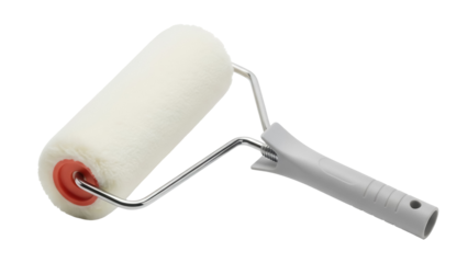 Paint roller with gray handle isolated on transparent background PNG, painting tool for home improvement and DIY projects