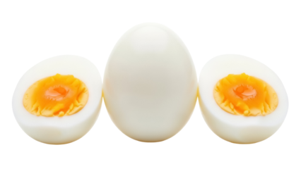 Three hard boiled eggs PNG isolated on transparent background, protein-rich food for healthy eating and balanced diet