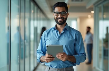 Smiling Indian man wearing glasses holds tablet computer. He stands in modern office hallway near glass walls. Another man walks in background.