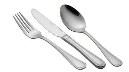 Elegant silver cutlery set isolated PNG, shiny fork knife and spoon on transparent background for...