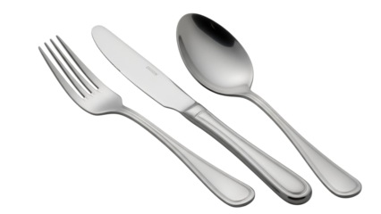Elegant silver cutlery set isolated PNG, shiny fork knife and spoon on transparent background for restaurant and kitchen design