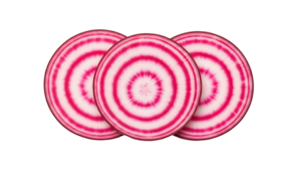 Three beet slices PNG isolated on transparent background, vibrant concentric circles of red and white for healthy eating concepts
