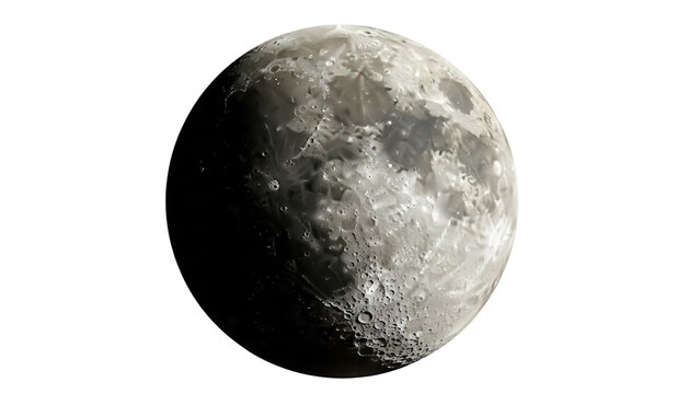 Detailed moon PNG isolated on transparent background, lunar surface with craters and shadows for astronomy and science projects