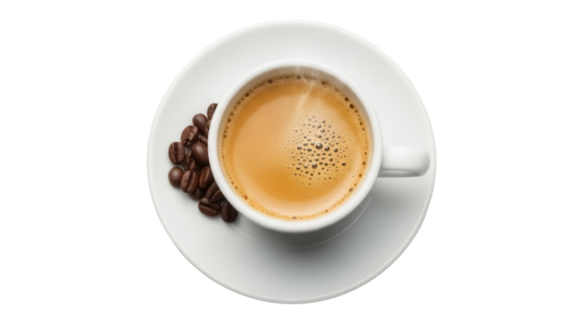 Aromatic espresso in a white cup isolated on transparent background PNG, coffee drink with foam and coffee beans for cafe menu and design - Powered by Adobe