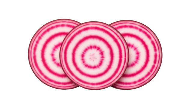 Three beet slices PNG isolated on transparent background, vibrant concentric circles of red and white for healthy eating concepts - Powered by Adobe