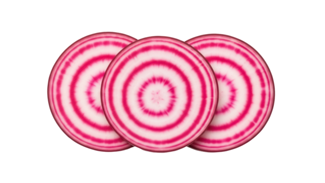 Three beet slices PNG isolated on transparent background, vibrant concentric circles of red and white for healthy eating concepts - Powered by Adobe