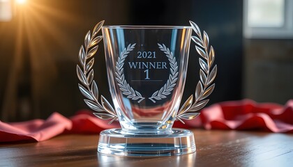 Winner glass trophy with transparent crystal body, engraved laurel wreath, and glossy first-place symbol ideal for award ceremonies, championship prizes, business achievements, and realistic vector il