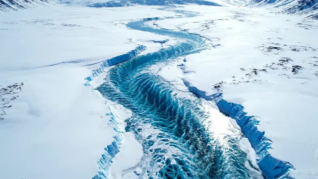 Stunning top-down vertical aerial view of a massive twisting glacial river frozen into an ancient snowy pathway across the polar plains white, pattern, down