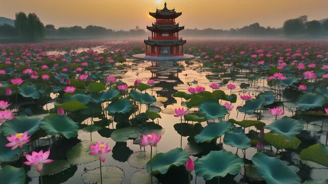 High angle aerial shot of a traditional Chinese pagoda beside a vast lotus pond, sunset sky pagoda