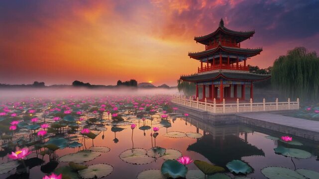 High angle aerial shot of a traditional Chinese pagoda beside a vast lotus pond, sunset sky pagoda
