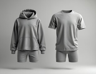 Two grey athletic outfits presented. One set includes a hoodie, shorts, and crop top. The other features a t-shirt and shorts for active wear.