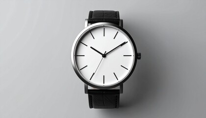   
Minimalist analog wristwatch with black strap and white face on light gray surface