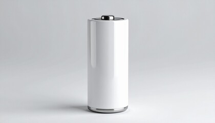 Single white cylindrical battery with metallic terminals on light gray background, upright and minimalistic.