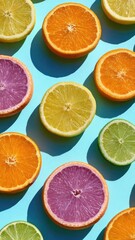 Assorted citrus halves&mdash;orange, lemon, lime, and grapefruit&mdash;arranged on a bright turquoise background. Concept Citrus flat lay on turquoise background, Fresh fruit halves color pop