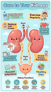 Infographics illustration of Care to kidneys. How to keep kidneys healthy illustration.