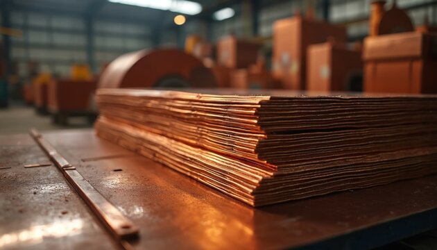 Stacks of shiny copper cathodes tied with metal straps sit on a table in a factory. The metal sheets are neatly piled in a warehouse. Industrial copper production is visible in background.