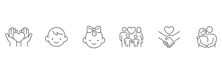 Family care icon set, charity love hands, cute baby boy girl faces, happy parents children, friendship handshake, couple hugging illustration.