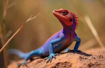 Male agama lizard with vivid blue purple and red coloring basks on a sunny rock. Reptile has spiky crest. Wildlife animal in its natural habitat on safari.