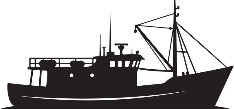 Black silhouette of a fishing trawler boat fishing boat