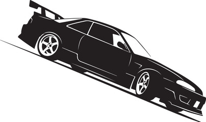 Black sports car silhouette with spoiler on white background © Abu