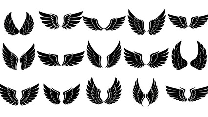 Collection of black wing silhouettes in multiple orientations for logos, branding, badges, and decorative design elements.