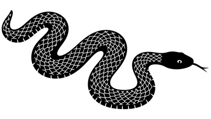 Fototapeta premium Illustration of a black snake with white lattice pattern, coiled in an S-shaped pose against a white background.