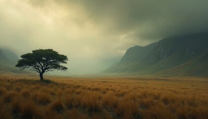 Solitary tree stands on grassy plain beneath moody sky. Misty mountains rise in background. Rural landscape appears vast and wild. Golden hour light breaks through clouds.