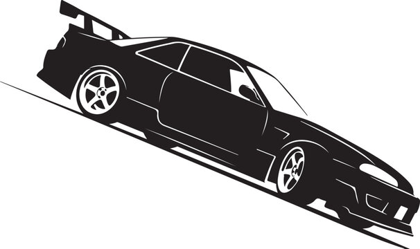 Black sports car silhouette with spoiler on white background
