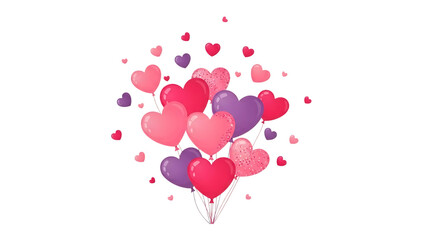 Collection of pink and purple heart shaped balloons floating upward isolated on transparent background
