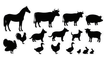 Naklejka premium Collection of black farm animal silhouettes featuring horse, cow, pig, chickens, roosters and ducks for branding, logos, crafts, and educational visuals