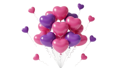 Bunch of pink and purple heart shaped balloons isolated on transparent background